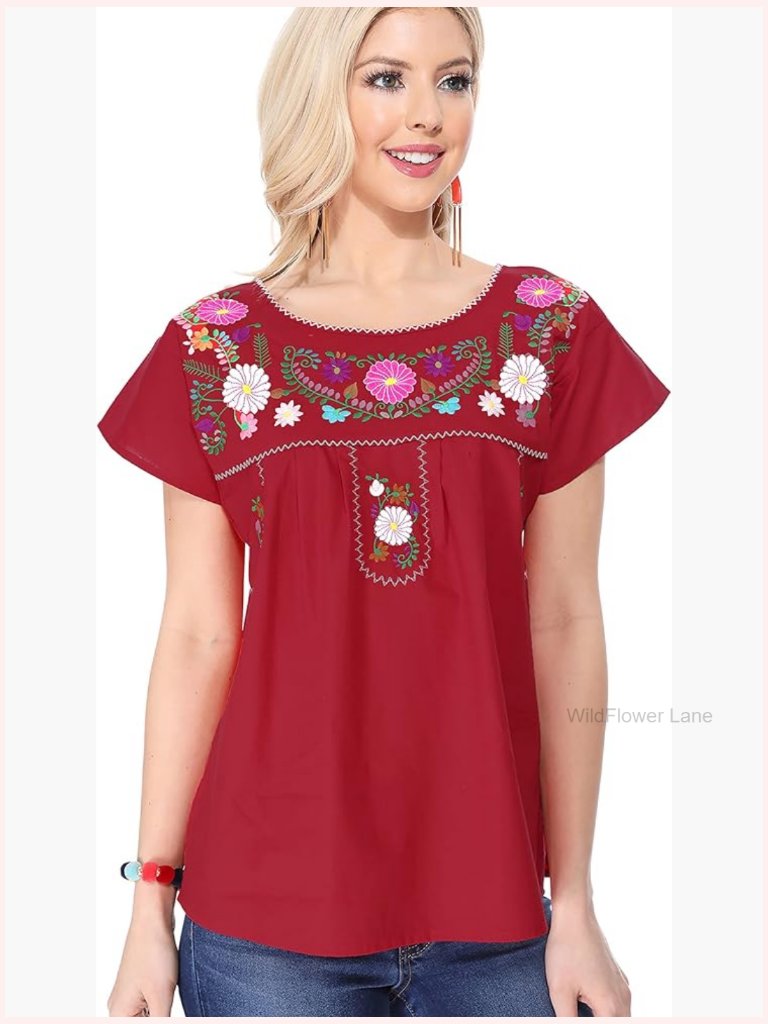 Traditional Mexican Embroidered Peasant Blouse Loose Fit Half Sleeve